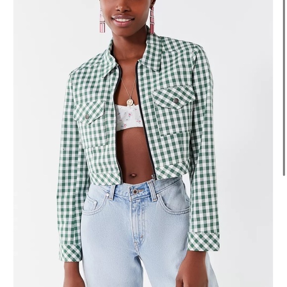 Urban Outfitters As If Cropped Gingham Jacket green plaid - Picture 1 of 10
